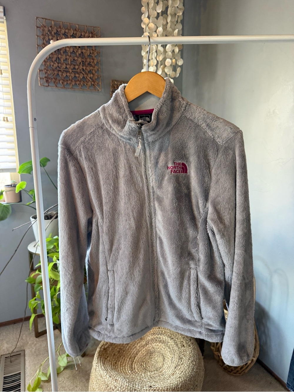 The North Face Fuzzy Fleece Jacket Gray Pink Logo Full Zip Women's